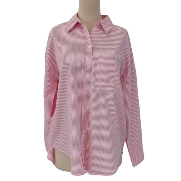 Zara Tops - ZARA PINK AND WHITE STRIPED COLLARED SHIRT - WORN ONCE - Size S